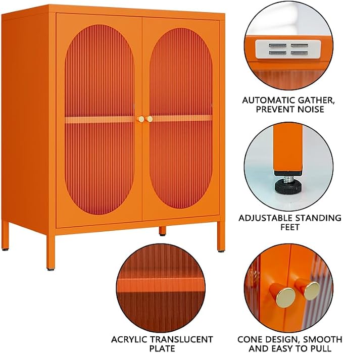 2 Translucent Door Metal Accent Storage Cabinet for Home,Office Room,Kitchen-Metal Locker Cabinet with 1 Adjustable Shelves-2-Tier (Translucent Door Cabinet, Orange)