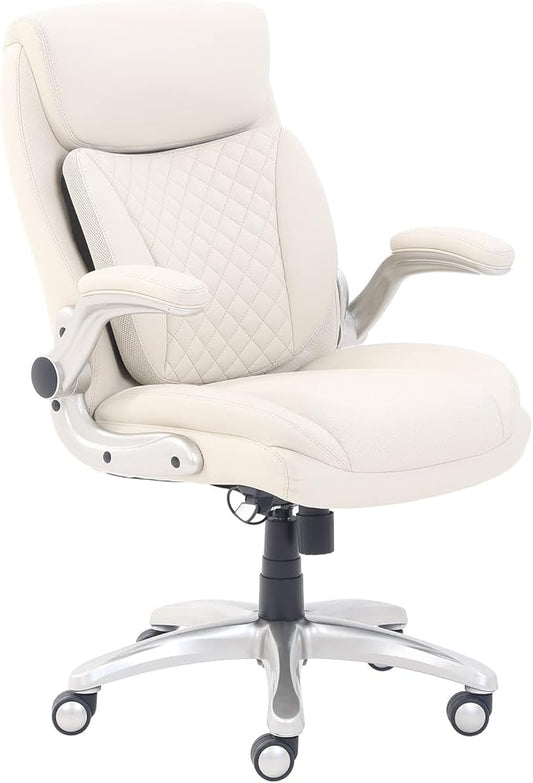 Amazon Basics Ergonomic Executive Office Desk Chair with Lumbar Support, Flip-up Armrests, Adjustable Height, Cream Leather