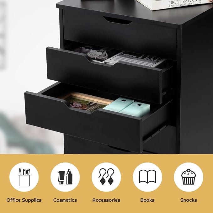 5 Drawers File Storage Cabinet, 26.5" Vertical Filling Cabinet for Home Office, Under Desk Office Drawer Organizer, Universal & Lockable Casters, Rolling Printer Storage Rack (Black)