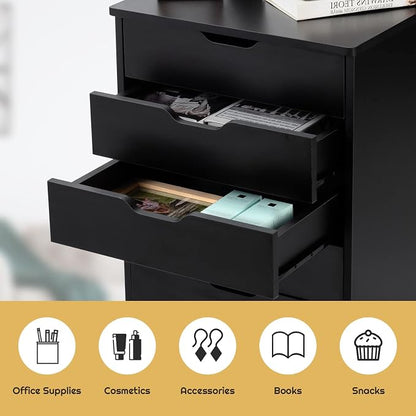5 Drawers File Storage Cabinet, 26.5" Vertical Filling Cabinet for Home Office, Under Desk Office Drawer Organizer, Universal & Lockable Casters, Rolling Printer Storage Rack (Black)