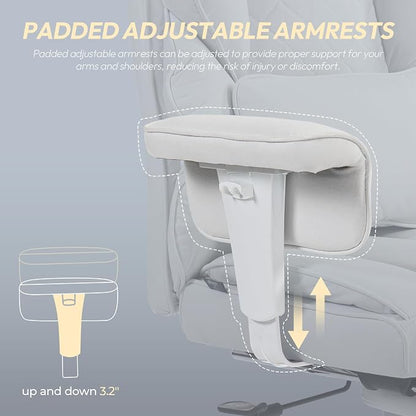 Dowinx Big and Tall Office Chair with Pocket Spring Cushion,High Back Computer Gaming Chairs with Adjustable Armrests,Executive Desk Chairs with Lumbar Support and Footrest,Fabric White