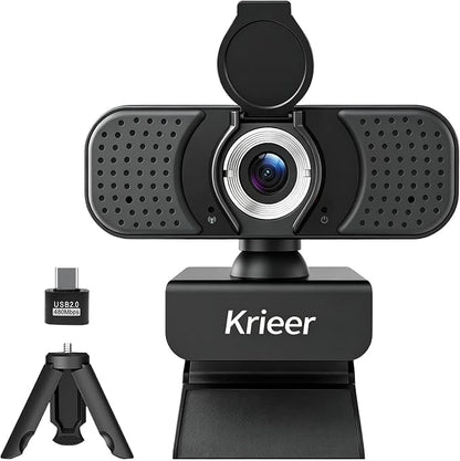 4K HD Webcam with Dual Mics, Rotatable Tripod, Privacy Cover & USB‑A to C Adapter – Plug & Play USB Camera with Auto Light Correction for PC/Laptop, Video Calls, Streaming, Gaming & Online Meetings