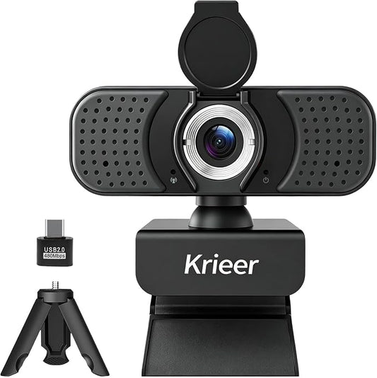 4K HD Webcam with Dual Mics, Rotatable Tripod, Privacy Cover & USB‑A to C Adapter – Plug & Play USB Camera with Auto Light Correction for PC/Laptop, Video Calls, Streaming, Gaming & Online Meetings