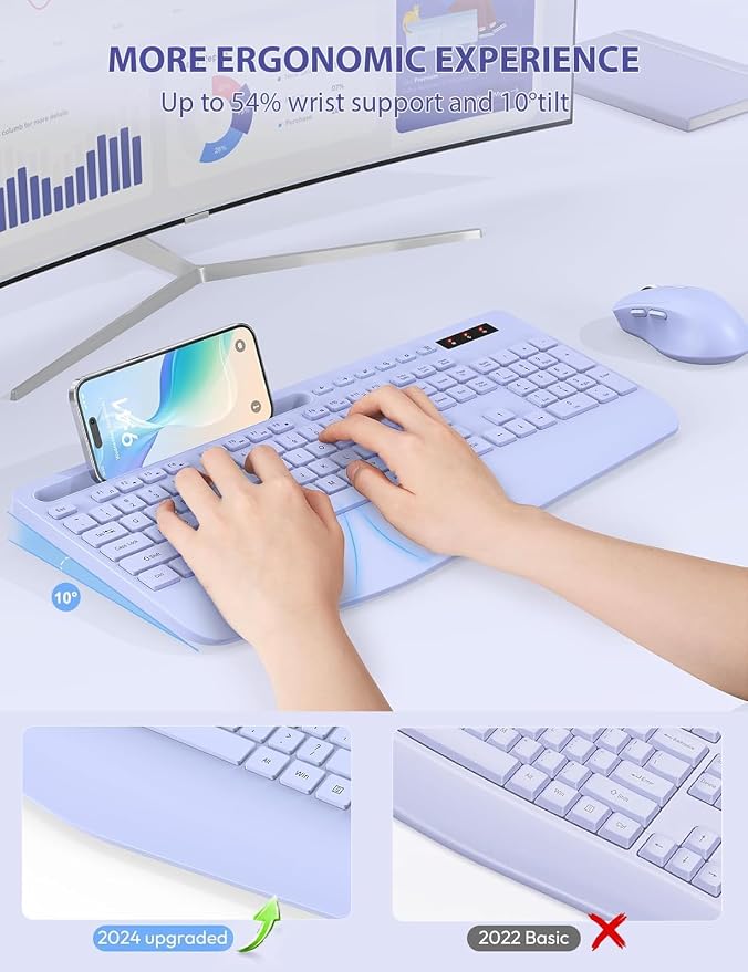 SABLUTE Wireless Keyboard and Mouse, Wrist Rest, Phone Holder, Batteries Included, 2.4G Lag-Free Ergonomic Keyboards Mouse Combo, KM23D Silent Keyboards Set for Computer, Laptop, PC, Windows, Purple