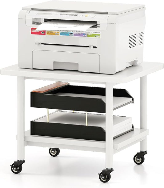 GOFLAME Under Desk Printer Stand, 2-Tier Mobile Printer Table with Storage Shelf, Metal Frame, Rolling Printer Cart Holder Storage Rack with Lockable Wheels for Home Office, White