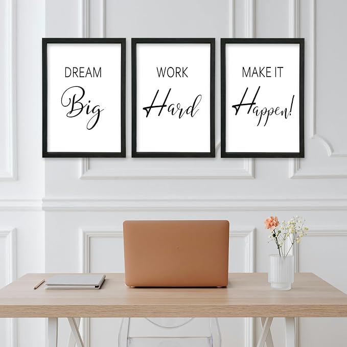 Motivational Wall Art for Office Decor 11x16–Wood Frame Set of 3, Dream Big | Work Hard Make It Happen Sign，Home Office，Black Frame