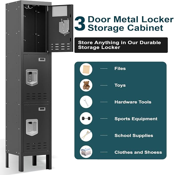 BUTISOW Metal Lockers - 66" Height Steel Lockers for Employees with 3 Door Storage Locker with Card Slot for Employees Gym School Home Office Garage - Assembly Required