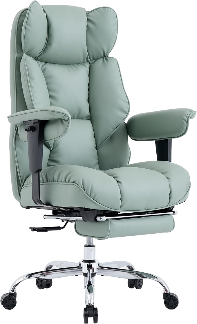 Efomao Executive Office Chair 400lbs,Green Big and Tall Desk Chair | Mattress-grade pocket spring cushion, sleek leather, 135° recline & footrest for computer gaming setup.
