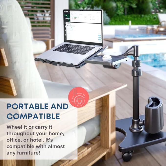 LEVO G2 Deluxe Adjustable Laptop Stand – Rolling Computer Desk & Ergonomic Table for Bed, Sofa, or Office – Portable Mobile Workstation with Tilt – Fits Devices up to 16″ - Silver & White
