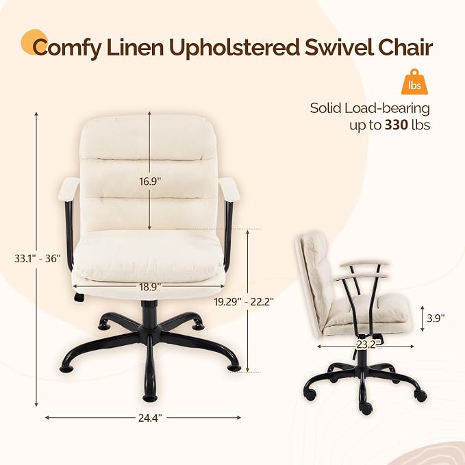 VINGLI Comfortable Office Desk Chairs with/No Wheels,Dual-Base,Removable Armrests,Adjustable Comfy Swivel Computer Task Nail Tech Chair for Office,Sewing,Makeup Vanity,Teen,Linen Fabric,Pale Yellow