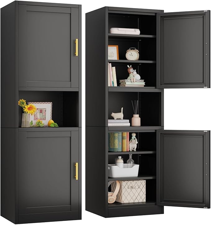 pozdeg 67" Tall Narrow Storage Cabinet, Metal Bathroom Cabinet with 2 Doors & 4 Adjustable Shelves, Freestanding Slim Pantry Organizer for Bathroom Kitchen Living Room (Black)