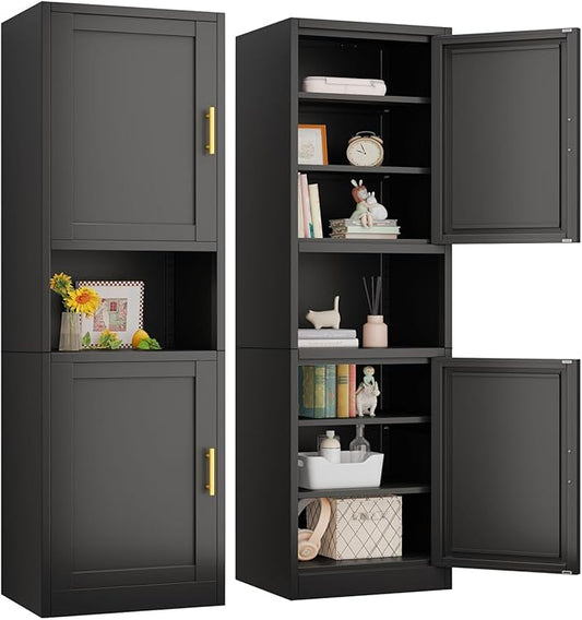 pozdeg 67" Tall Narrow Storage Cabinet, Metal Bathroom Cabinet with 2 Doors & 4 Adjustable Shelves, Freestanding Slim Pantry Organizer for Bathroom Kitchen Living Room (Black)