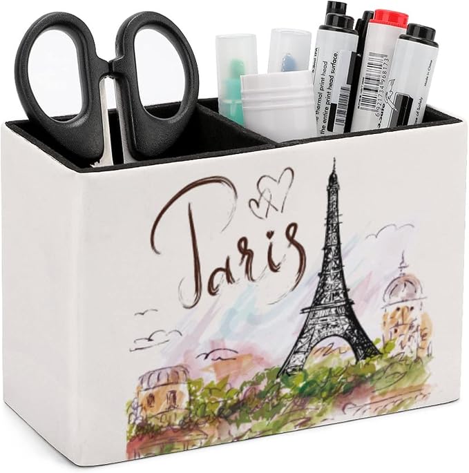Niapessel Pencil Holder for Desk, Paris Eiffel Tower Pen Holder Storage Desktop Pen Organizer Desk Pencil Organizer Makeup Brush Holder for Office School College Leather