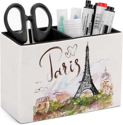 Niapessel Pencil Holder for Desk, Paris Eiffel Tower Pen Holder Storage Desktop Pen Organizer Desk Pencil Organizer Makeup Brush Holder for Office School College Leather