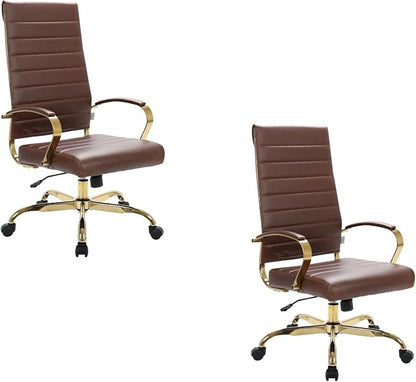LeisureMod Modern High-Back Leather Office Chair - Swivel & Adjustable Executive Desk Chair with Gold Frame, Ergonomic Design for Home & Office (Brown, Set of 2)