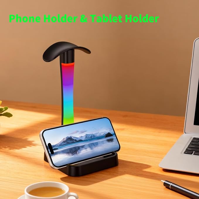 Headphone Stand with Charger,Gaming Headset stand with RGB Light Mode,For Airpod Max Stand,Desk Lamp,Phone Holder,Tablet Holder,desktop organizer,Gifts for Gamers & Music Lover(Black)