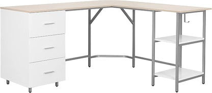 Techni Mobili L Shaped Desk - Two-Toned Computer Desk with Drawers & Storage Shelves - Simple Modern Furniture & Home Office Space Corner Table for Work & Writing