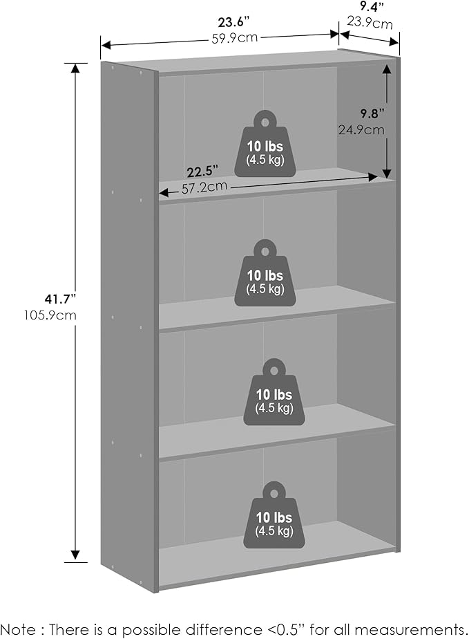 Furinno Simple Book Shelf, 4-Tier Bookshelf, Bookcase with Open Shelf, 9.4 x 23.6 x 41.7, for Living Room, Bedroom, Home Office, Columbia Walnut