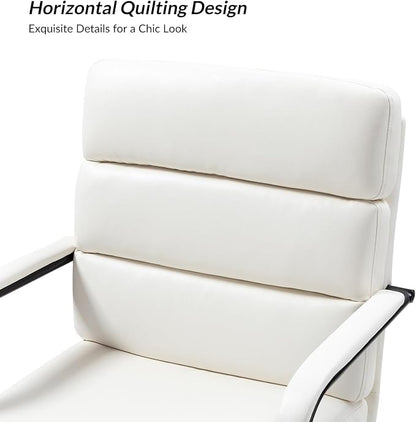 HULALA HOME Modern Faux Leather Home Office Chair with Tilt Lock & Metal Base, Desk Chair with Wheels & Padded Cushion, 360° Swivel Wide Seat Computer Task Chair, White