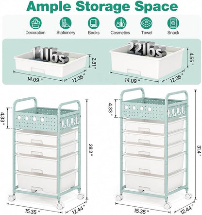 5 Drawer Rolling Storage Cart with Pegboard Top and Hooks, Mobile Utility Organizer with Wheels for Office Supplies, Craft Storage, Classroom Organization, Home Storage Cart, Green