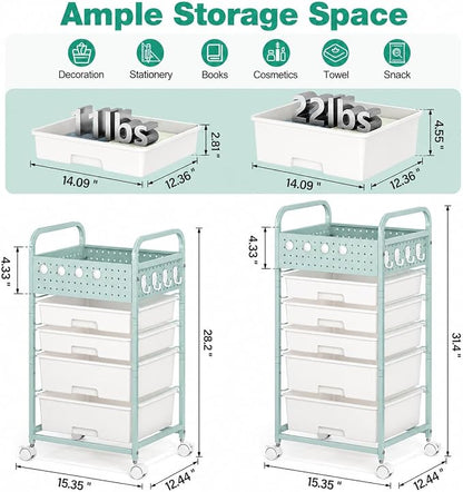 4 Drawer Rolling Storage Cart with Pegboard Top and Hooks, Mobile Organizer Cart with Wheels for Office Supplies, Craft Storage, Classroom Organization, Home Utility Cart, Green