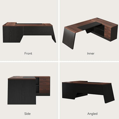 Epecoya L-Shaped Executive Desk with Drawer, 78-Inch Large Home Office Desk with Cord Hold and Power Outlet, Modern Computer Table with Lateral File Cabinet,Open Shelf and PC Stand, Walnut Brown Black