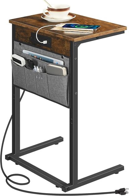 HOOBRO C Shaped End Table with Charging Station, 28" H Couch Side Table Slide Under, Sofa Arm Tray Table with Storage Bag for Living Room, Recliner, Rustic Brown BF70USF01