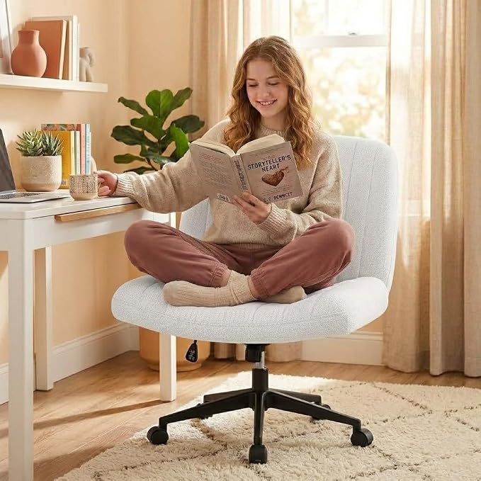 Criss Cross Chair with Wheels Wide Cross Legged Cute Office Desk Comfy Vanity Makeup Chair Fabric Height Adjustable Swivel for Home Computer Task, White