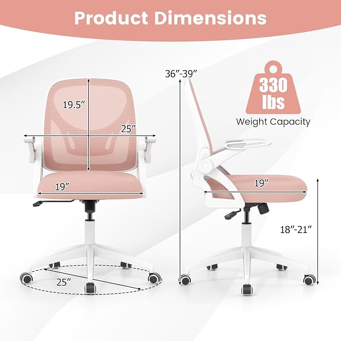 COSTWAY Office Chair, Comfy Swivel Rolling Desk Chair with Adjustable Height & Flip-Up Armrests, Ergonomic Mesh Computer Chairs with Lumbar Support for Working & Gaming, Pink
