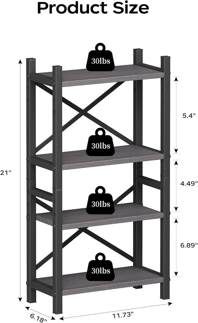 Desktop Bookshelf, 4-Tier Stackable Narrow Bookcase, Adjustable Industrial Desk Organizer & Hutch - Rustic Brown Wood Desktop Book Organizer for Living Room, Bedroom & Home Office