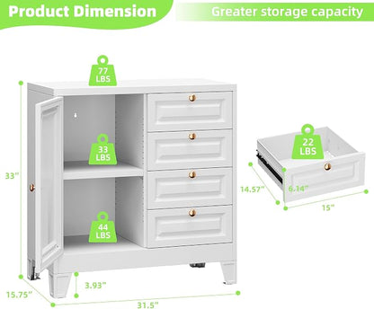 Bathroom Storage Cabinet with 4 Drawers,Metal Bathroom Floor Cabinet with Door and Shelves,Toilet Paper Storage Cabinet for Bathroom,Home,33" H x 31.5" W x 15.75" D,White