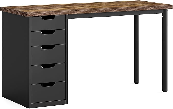 LITTLE TREE Computer Desk with 5 Drawers, 47 Inch Modern Simple Study Writing Desk with Metal Frame, Work Desk for Home Office, Rustic Brown and Black