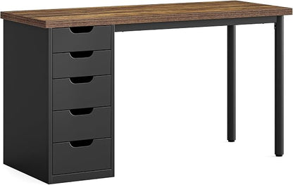 LITTLE TREE Computer Desk with 5 Drawers, 47 Inch Modern Simple Study Writing Desk with Metal Frame, Work Desk for Home Office, Rustic Brown and Black