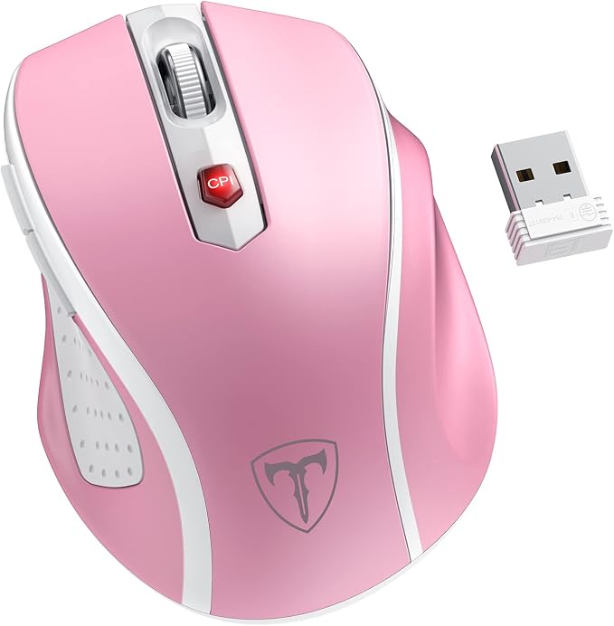 HOTWEEMS D-09 Wireless Mouse for Laptop - Ergonomic Plus Computer USB Cordless Mice, Ergo Grips, Lightspeed 5-Level 2400 DPI, 16 Months Battery, Portable for PC Mac Chromebook, 6 Button, Flamingo Pink