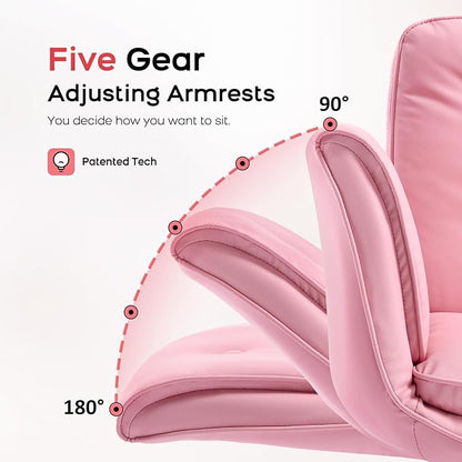 amseatec Criss Cross Office Chair, PU Leather Vanity Chair with 5-Level Adjustable Armrests & Swivel, Ergonomic Criss Cross Chair for Home Office Bedroom Makeup（Pink）