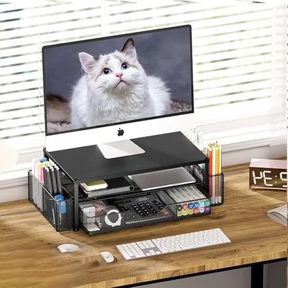 Desk Organizer and Accessories, 2-Tier Computer Monitor Stand Riser with Drawer and 2 Pen Holders, Laptop Stand, Office Desk Accessories for Office Supplies, Printer Desktop Organizer,Black