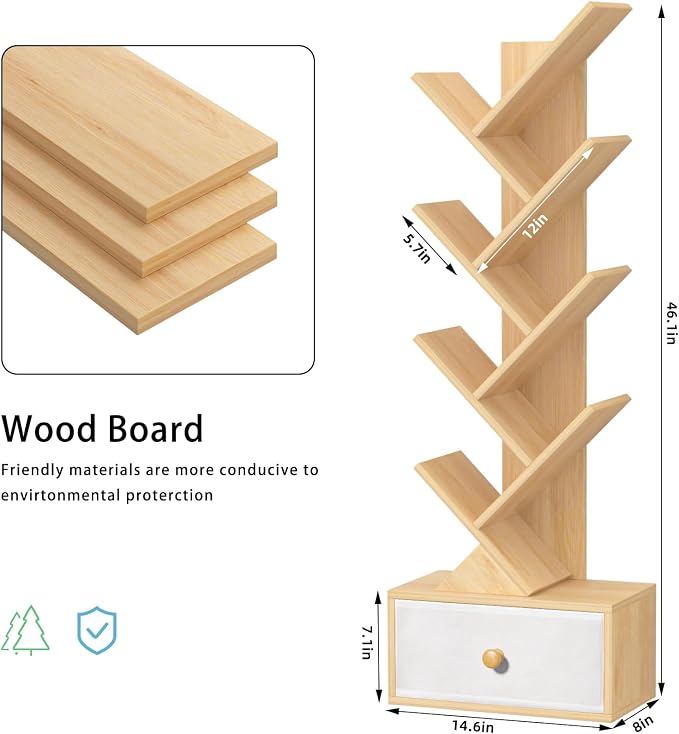 SHEEPAM 8 Tier Tree Bookshelf with Drawer, Free Standing Wood Bookcase for Narrow Space, Storage Organizer Bookshelves for Books, Book Case for Home Office, Living Room, Bedroom - Natural