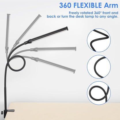 ShineTech LED Desk Lamp with Clamp, Clip On Desk Lamp for Home Office, 5000K Daylight White & Stepless Dimming, Flexible Gooseneck Architect Desk Light, Eye Caring Reading Lamp with USB Adapter