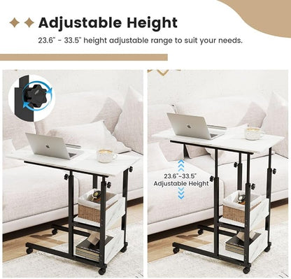 Hadulcet Adjustable C Table with Charging Station, Tiltable Desk C Shaped End Table for Couch, Over Bed Table with Wheels Adjustable Height, Hospital Table Laptop Stand Drawing Desk, Marble White