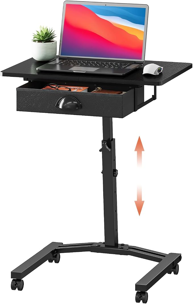 Rolling Adjustable Height Standing Desk With Drawers, Small Mobile Laptop Desk Cart On Wheels For Small Spaces Home Office, Portable Sitting Laptop Table For Bed Couch Load Up To 60LBS, Sturdy, Black