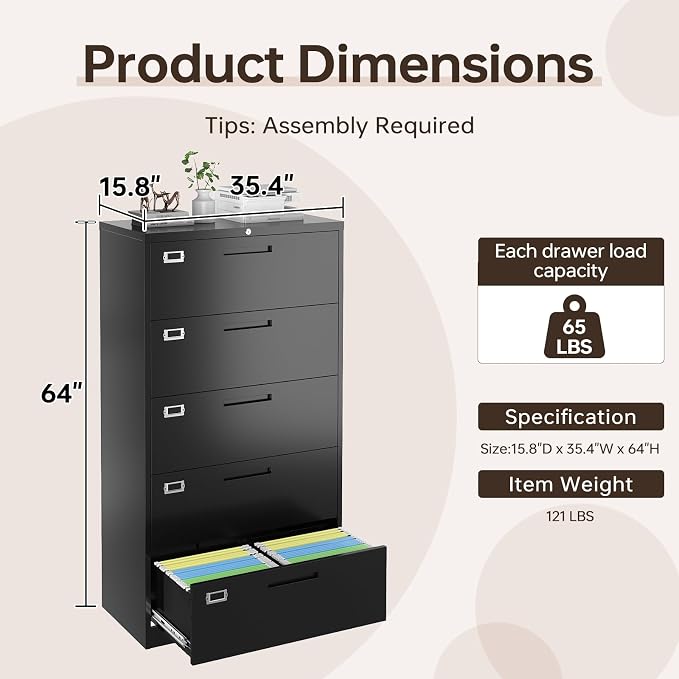 5 Drawer Lateral File Cabinet with Lock, Metal Filing Cabinets for Home Office, Wide Locking File Caninets, Black Office Storage Cabnet for Hanging Letter/Legal / A4 / F4 - Assembly Required