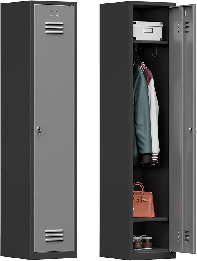 Metal Lockers for Employees,71" Metal Storage Cabinet with Lock,1 Door Steel Storage Locker Cabinet for Home,Gym,School,Office,Garage-Assembly Required(Black Gray)