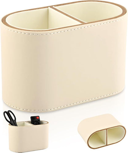 PU Leather Desk Organizer & Pen Holder - 2-Compartment Small Pencil Cup, Remote Control Caddy, and Makeup Brush Storage for Office, Home, and School Supplies