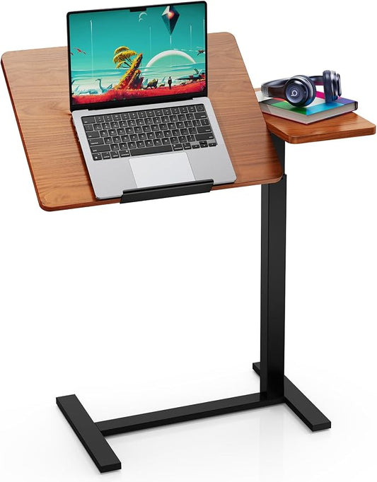 Simple Deluxe Standing Rolling Desk with Hidden Casters, Height Adjustable Pneumatic Mobile Laptop Desk, Tilting Bedside Table for Laptop, Overbed Bedside Table Hospital Home Use, Brown