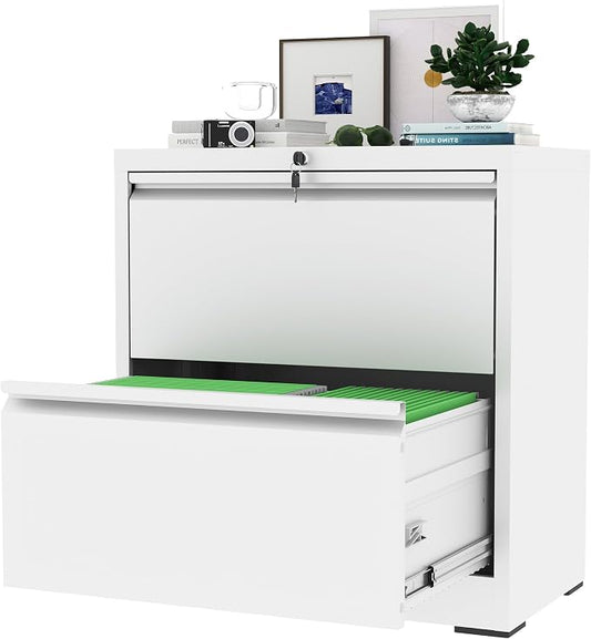 AQY 2 Drawer File Cabinet with Lock,Metal Lateral File Cabinets for Home Office,Steel Wide Filing Organization Storage Cabinets for Hanging Files Letter/Legal/F4/A4 Size,Assembly Required(White)