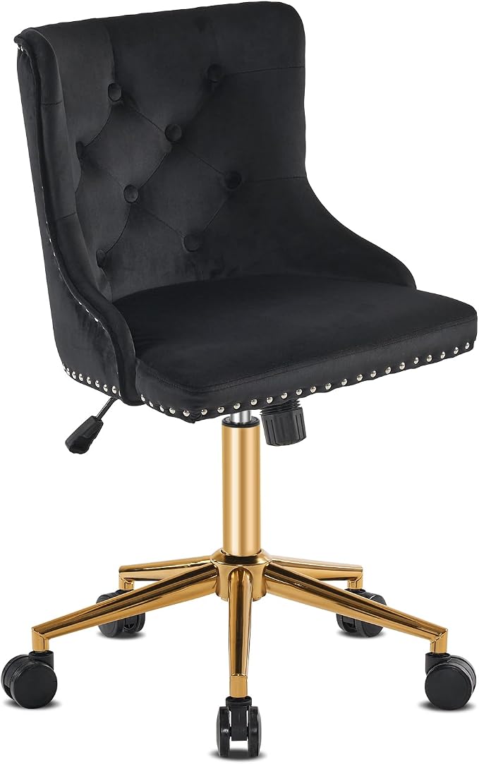 VINGLI Black Velvet Armless Home Office Desk Chair with Gold Base/Wheels, Small Cute Vanity/Makeup Chair with Back for Bedroom, Upholstered Adjustable Rolling Swivel Nail Chair for Women/Girls