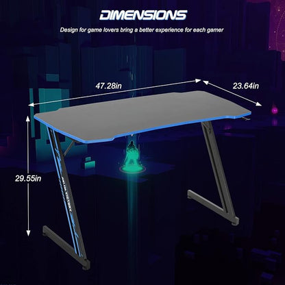 BestOffice Gmaing Desk Z Shaped 47 inch Gaming Workstation Ergonomic Gaming Table PC Computer Desk with Headphone Hook for Game Players, Blue
