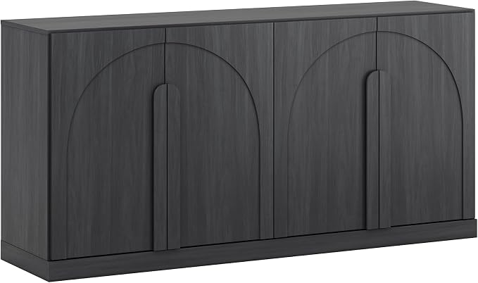 BELLEZE 64" Kitchen Storage Cabinet with Adjustable Shelves, Freestanding Accent Cabinet with Arch Wood Doors for Living Room, Dining Room, Entryway, Ebony