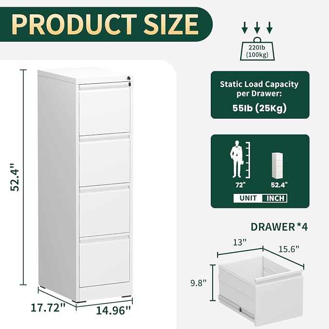 4 Drawer File Cabinet with Lock, Vertical File Cabinet with Lock, Locking File Cabinet Hanging Files for A4/ Legal/Letter, Require Assembly, White