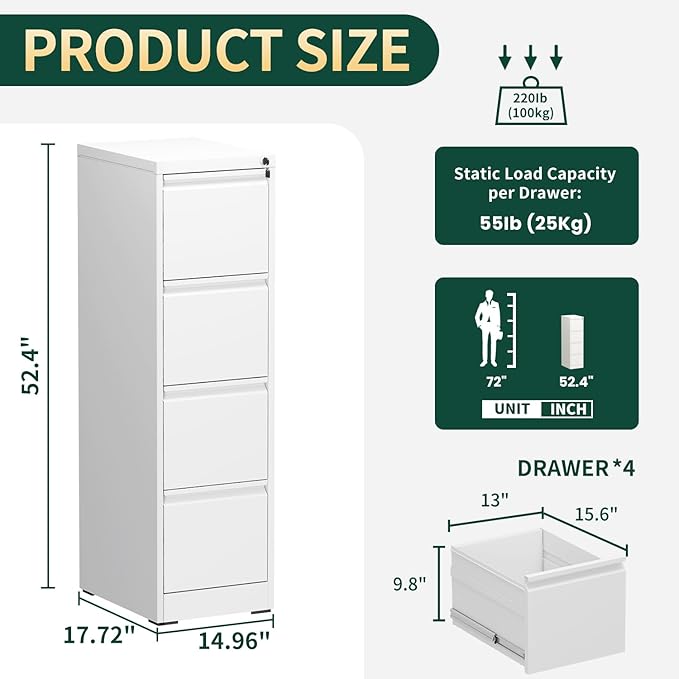4 Drawer File Cabinet with Lock, Metal Vertical Filing Cabinet, Filing Cabinets for Home Office, Locking File Cabinet Hanging Files for A4/ Legal/Letter, Require Assembly, White